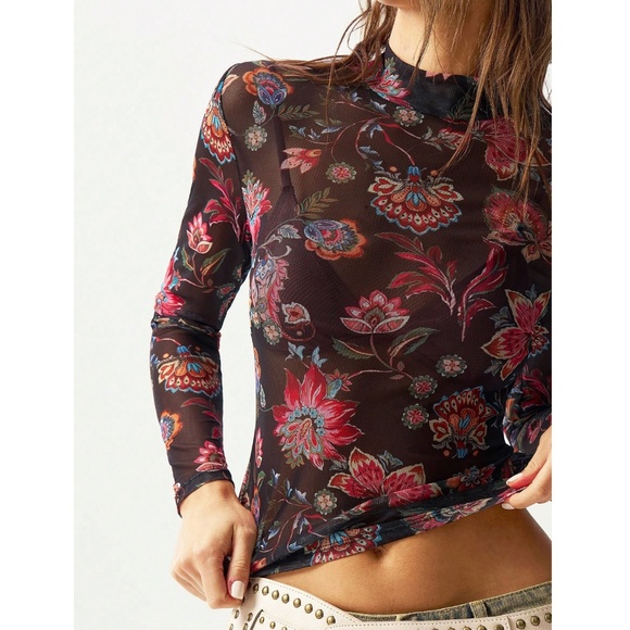Black Multicolor Floral Print Mesh Sheer Shirt Top - Picture 4 of 9